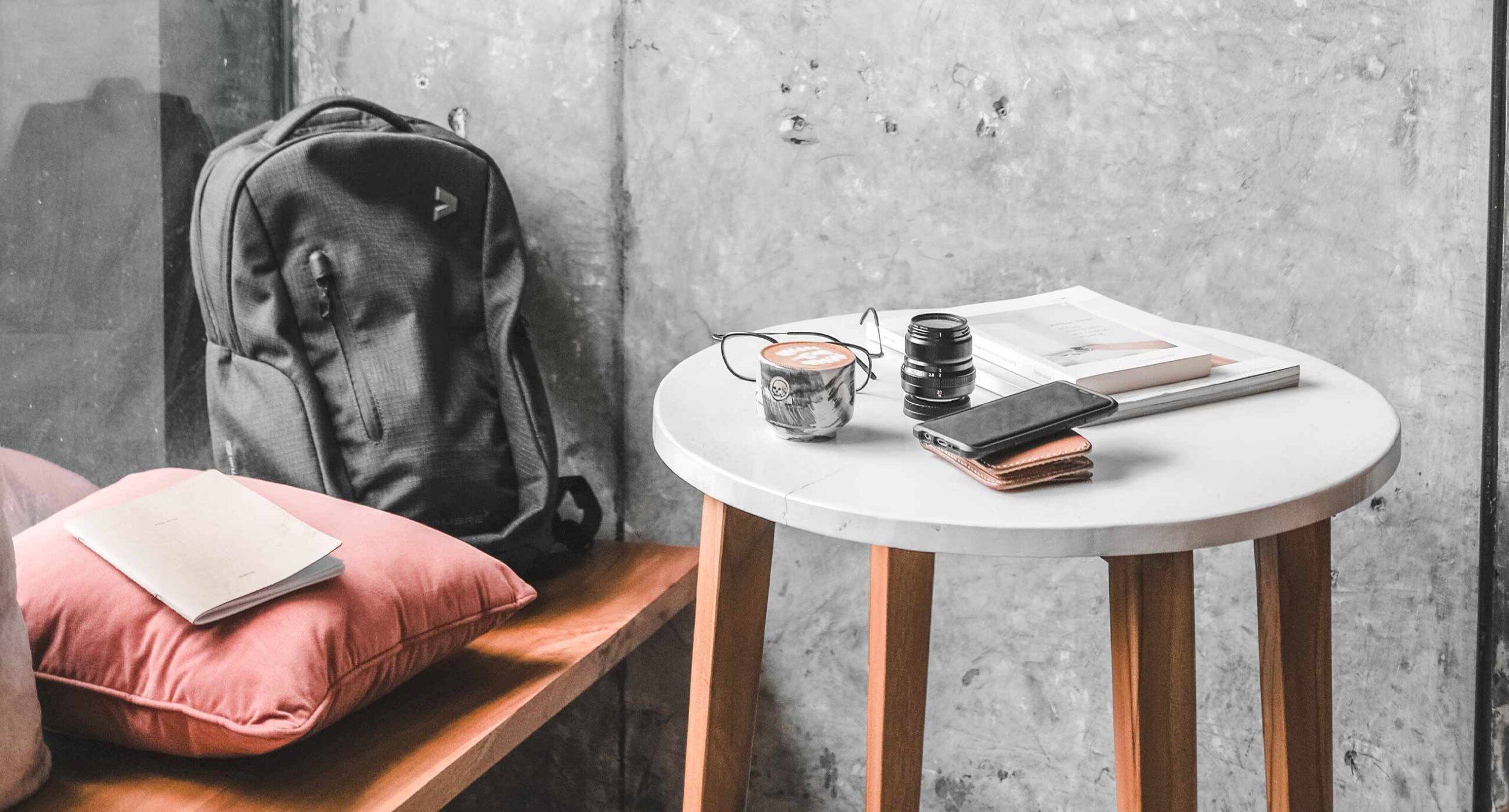 Workspace with Coffee and Creative Essentials Workspace with Coffee and Creative Essentials